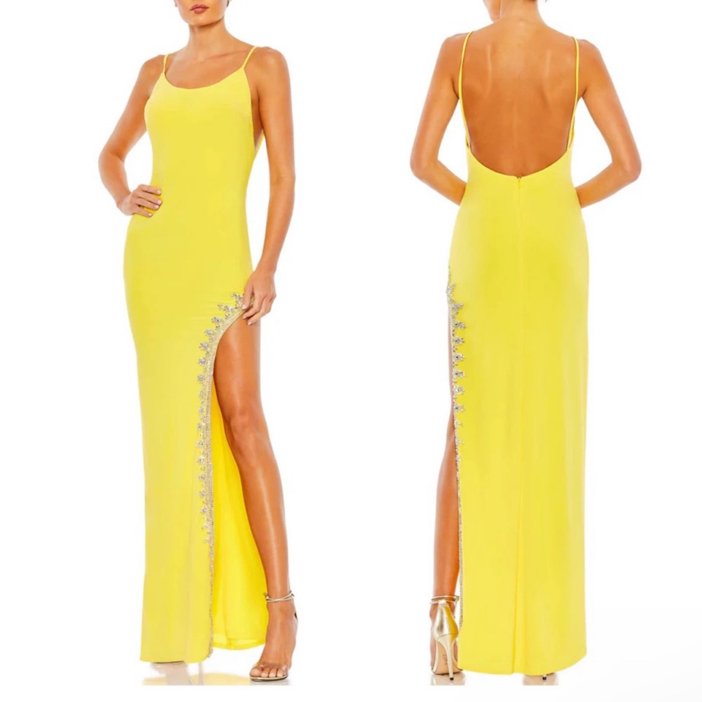 Nwt Mac Duggal 42002 Rhinestone Encrusted Side Slit Cami Bodycon Gown Yellow 10